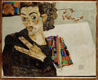 Omakuva levittyneillä sormilla tekijältä Egon Schiele