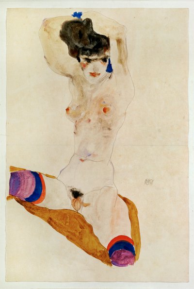 Istuva alaston tyttö, jolla on päässään ... (akvarelli ja lyijykynä) tekijältä Egon Schiele