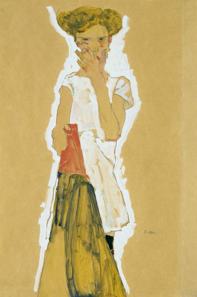 Seisova tyttö valkoisessa alushameessa tekijältä Egon Schiele