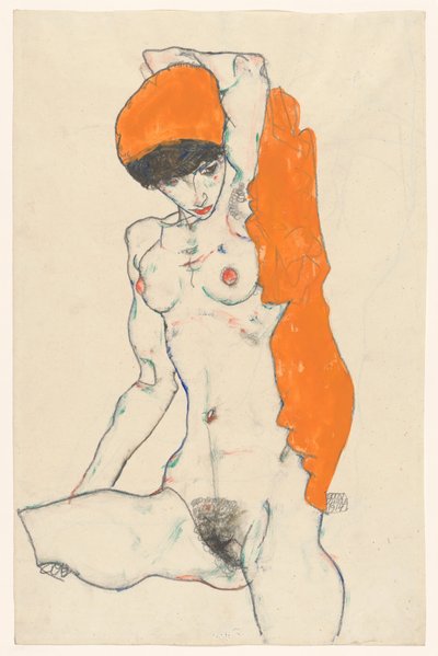 Stehender Akt mit orangefarbenem Tuch (recto): Studie eines Aktes mit erhobenen Armen (verso) tekijältä Egon Schiele