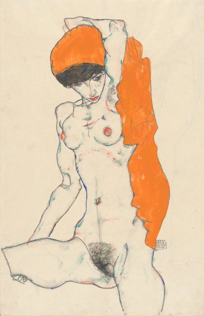 Pysyvä alaston oranssi verhoilu, 1914 (wc, guassi ja grafiitti paperille) tekijältä Egon Schiele