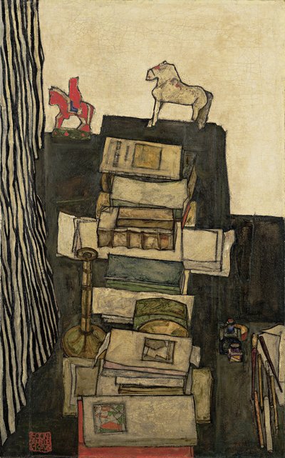Asetelma kirjojen kanssa Schieles Desk, 1914 tekijältä Egon Schiele