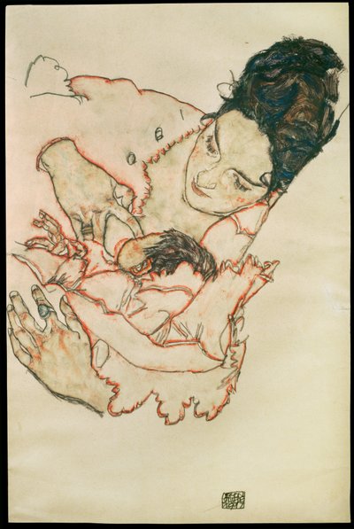 Stillende Mutter - Hoitava äiti ... (akvarelli ja musta väriliitu) tekijältä Egon Schiele