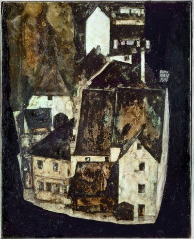 Tote Stadt III (Stadt am blauen Fluss III) [Kuollut kaupunki Iii (Kaupunki sinisen joen varrella III)], ... (öljy ja guassi puulle) tekijältä Egon Schiele