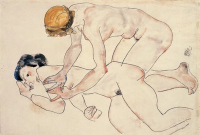 Kaksi naista, makuuasennossa ja polvillaan tekijältä Egon Schiele