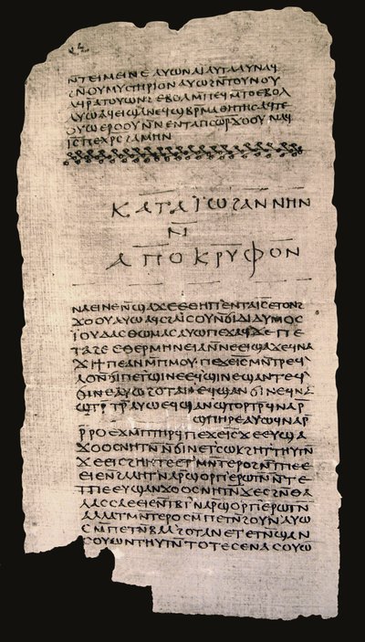 Tuomaan evankeliumin alku, Nag Hammadi Codex II, noin 350 jKr (muste papyruksella) tekijältä Egyptian