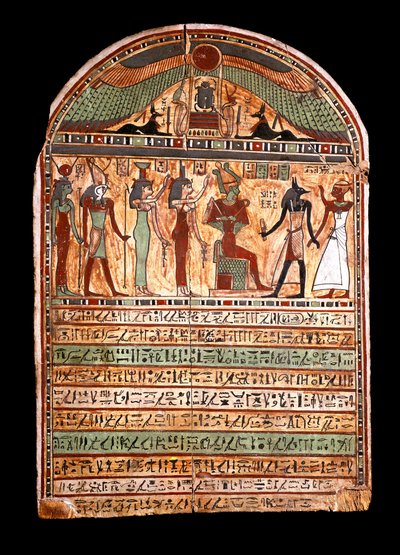 Egyptiläinen antiikki: ylipapin hautausmaa: Osiris toivottaa tervetulleeksi Anubiksessa läsnäolevan vainajan, hänen takanaan jumaluudet Isis, Nephtis (Nephtys tai Neftis), Horus, Hathor. 3.-2. vuosisadalla eKr. Torino, Egyptiläinen museo - Egyptin antiikki tekijältä Egyptian