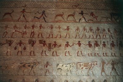 Beni-Hasanin hautausmaa. Amenemhatin hauta, yksityiskohta: metsästyskohtauksia ja maalaiselämää kuvaavia seinämaalauksia tekijältä Egyptian 12th Dynasty