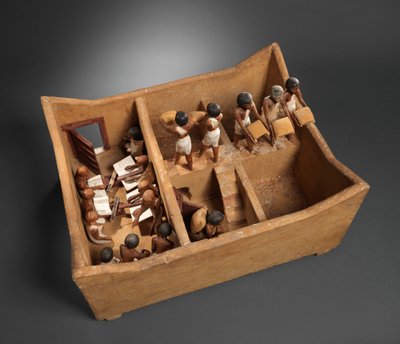 Meketren haudan viljavaraston ja kirjureiden malli, noin 1981-1975 eKr. (puu, kipsi, maali, pellava, vilja). tekijältä Egyptian 12th Dynasty