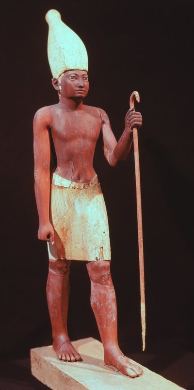 Sesostris I:n (hallinnassa 1971-28 eKr.) patsas, jossa on valkoinen kruunu (maalattua setripuuta) tekijältä Egyptian 12th Dynasty