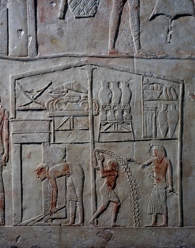 Elintarvikkeiden järjestäminen varastoissa, kalkkikivinen seinäreliefi, Horemhebin memfiittihaudasta Saqqarassa, Egyptin sivilisaatio, Uusi valtakunta, XVIII dynastia tekijältä Egyptian 18th Dynasty