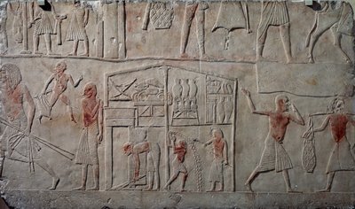 Elintarvikkeiden järjestäminen varastoissa, kalkkikivinen seinäreliefi, Horemhebin memfiittihaudasta Saqqarassa, Egyptin sivilisaatio, Uusi valtakunta, XVIII dynastia tekijältä Egyptian 18th Dynasty