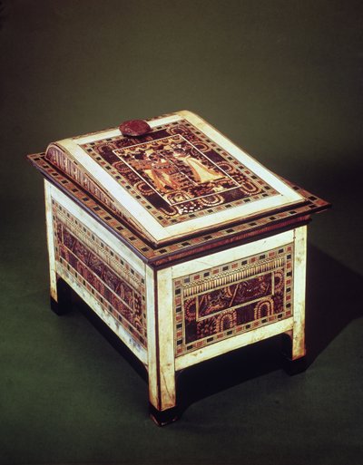 Arkku, Tutankhamonin haudasta (n. 1370-1352 eKr.) Uusi kuningaskunta (puu, pronssi, norsunluu ja värillinen lasite) (katso myös 220898) tekijältä Egyptian 18th Dynasty