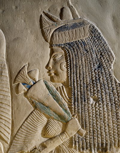 Dejat, yksityiskohta maalatusta kohokuvasta, joka kuvaa Imenmesiä ja Dejatia, kenraali Imeneminetin vanhempia, Memphisin haudasta, Egyptin sivilisaatio, Uusi valtakunta, XVIII dynastia. tekijältä Egyptian 18th Dynasty