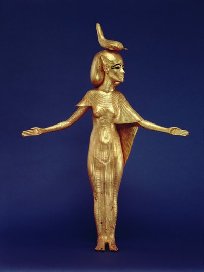 Yksityiskohta jumalatar Selketistä katoksen pyhäköstä, Tutankhamonin haudasta (n. 1370-1352 eKr.) Uusi kuningaskunta (kullattu puu) (katso myös 228567) tekijältä Egyptian 18th Dynasty
