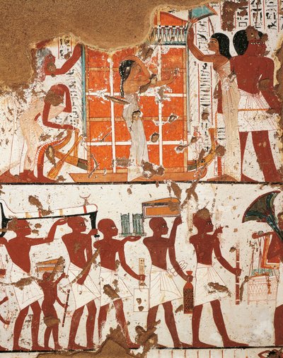 Egypti, Thebes, El-Khokhan nekropolisin aatelisten laakso, Nebamonin ja Ipoukyn hauta, yksityiskohta freskoista, jotka kuvaavat hautauskorteenia ja leskeä kuolleen katafalkilla tekijältä Egyptian 18th Dynasty