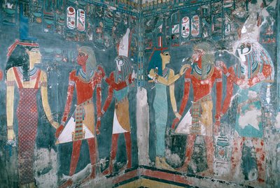 Egypti, Thebe, Luxor, Kuninkaiden laakso, Horemhebin hauta, seinämaalaus, joka kuvaa Horemhebia jumalatar Isiksen ja jumala Horuksen välissä, Uusi valtakunta, XVIII dynastia tekijältä Egyptian 18th Dynasty