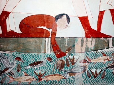 Egyptiläinen taide: Mennan hauta. Kalakohtaus, yksityiskohta. Alaston piika poimii lootuksenkukan (18. dynastia) Luxorin fresko (Thebes, Sheikh Abd al-Gournah (Gournah), Niilin vasen ranta, Egypti). tekijältä Egyptian 18th Dynasty