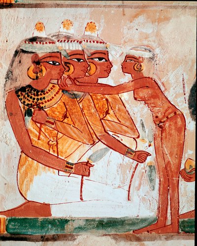 Egyptiläinen taide: Nakhtin hauta. WC: piika auttaa kolmea lootuskukkia pitelevää naista pukemaan koruja ennen hautajaisia. Luxorin fresko (Thebes, Sheikh Abd al-Gournahin nekropolis (Gournah), Niilin vasen ranta, Egypti. tekijältä Egyptian 18th Dynasty