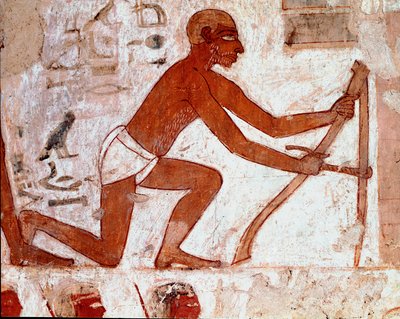 Egyptiläinen taide: Rekhmiren hauta. Ploucher työskentelee maataloustyökalunsa kanssa. Luxorin fresko (Thebes, Sheikh Abd al-Gournahin (Gournah) hautausmaa, Niilin vasen ranta, Egypti. - Muinainen Egypti: Rekhmiren hauta. Kyntäjän työ agrillaan tekijältä Egyptian 18th Dynasty