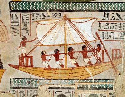 Egyptiläinen antiikki: "" vene joella, joka palaa pyhiinvaelluksesta Osiriksen haudalle, Abydos"" 18. dynastia. Fresko Senneferin haudasta (TT 96) Gournahin aatelisten hauta-alueelta. Sheikh Abd el-Gournah (el Gournah), Luxor Egypti - Ancie tekijältä Egyptian 18th Dynasty