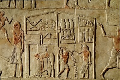 Egyptiläinen antiikki: "" elintarvikkeita säilytetään varastoissa"" Reliefi 18. dynastian korkean virkamiehen hautaa koristamassa. Bologna Civico Museo Archeologico tekijältä Egyptian 18th Dynasty