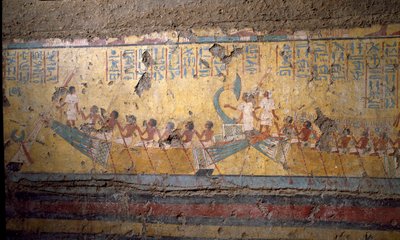 Egyptiläistä antiikkia: taidemaalari Maian haudan fresko, pyhiinvaellus veneellä Abydoksessa, Osiriksen lainaus. 18. dynastia. Maian kappelista, Deir el-Medineh (el Medineh), New Empire Dim. 67 cm Torino, Egyptiläinen museo tekijältä Egyptian 18th Dynasty