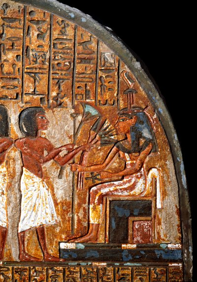 Egyptiläinen antiikki: Minhotepin hautausmaa: yksityiskohta, joka edustaa kukkien uhria jumalatar Hathorille, jolla on elämän avainta Ansee-ristin (Ankh) muodossa. 18. dynastia. 1300-luvulla eaa. Torino, Egyptiläinen museo tekijältä Egyptian 18th Dynasty