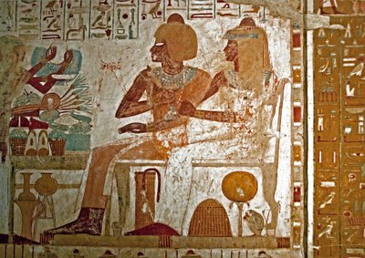 Egyptiläinen antiikki: maalaus kylpylä (18. dynastia) vanhemman virkamiehen (18. dynastian) hautaa koristava maalaus hänen vaimonsa Mutneferetin (Moutneferet) kanssa vastaanottamassa lahjoituksia (kaulakoru, tarjotin lootuksenkukalla ja ruokaa). Luxor, Wes tekijältä Egyptian 18th Dynasty