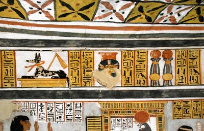 Egyptiläinen antiikki: Anubisin, Hathorin ja hieroglyfien esitys. Royn haudan maalaus tekijältä Egyptian 18th Dynasty