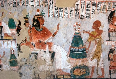 Egyptiläinen antiikki: Roy ja hänen vaimonsa Nebtawy päin ylipappia. Royn haudan maalaus (TT255). 18. dynastia. Luxorin Länsirannalta Egyptistä tekijältä Egyptian 18th Dynasty