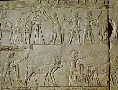 Egyptiläinen antiikki: kohtauksia työstä pelloilla ja uhrauksia faaraolle. Yksityiskohta reliefistä Tutankhamonin kuninkaallisen kirjanoppineen Horemhedin (noin 1323-1293 eKr.) haudasta. 1354-1326 eaa. Bologna, Civico Museo Archeologico tekijältä Egyptian 18th Dynasty