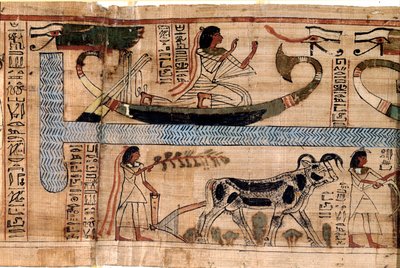 Egyptiläinen antiikin aika: edesmenneen Anerin nimi edustaa Osiriksen veneessä kynnyksen ja sielujen punnituksen (psykostaasi) kohtausta. Papyrus kuolleiden kirjasta, 20. dynastia, Thebasta. Torino, egyptiläinen museo - Muinainen Egypti: kuolleiden nimi tekijältä Egyptian 18th Dynasty
