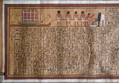 Egyptiläinen antiikki: katafalkin kuljetus haudalle. Papyrus. Khan kuolleiden kirja. 18. dynastia tekijältä Egyptian 18th Dynasty