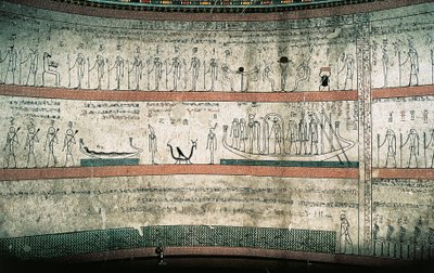 Freskot, jotka kuvaavat Amduatin kirjaa, aurinkoveneen matkaa, hautakammioiden länsi seinällä tekijältä Egyptian 18th Dynasty