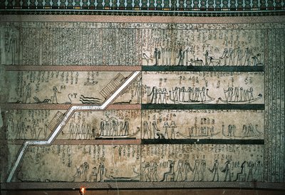 Freskot, jotka kuvaavat Amduatin kirjaa, aurinkoveneen matkaa, hautakammioiden itäseinällä tekijältä Egyptian 18th Dynasty