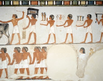 Hautajaiskulkue, yksityiskohta freskoista Mennan haudan kappelissa, Sheikh Abd el Qurnah Necropolis, Luxor, Thebes (Unescon maailmanperintöluettelo) tekijältä Egyptian 18th Dynasty