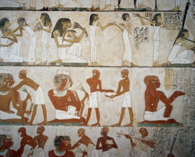Hautajaiset naismuusikoiden, koruilla koristavien naisten, miesten ja muusikoiden kanssa, Rekhmiren hauta, Sheikh Abd el Qurnah Necropolis, Luxor, Thebes (Unescon maailmanperintöluettelo) tekijältä Egyptian 18th Dynasty