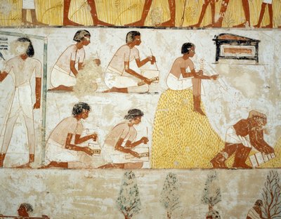 Sadonkorjuu, viljan puinti ja keruu, yksityiskohta freskoista Mennan haudan eteiseen, Sheikh Abd el Qurnah Necropolis, Luxor, Thebes (Unescon maailmanperintöluettelo) tekijältä Egyptian 18th Dynasty