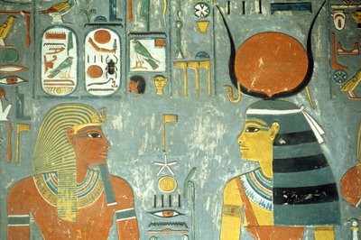 Horemheb ja Hathor, Horemhebin haudasta (n. 1323-1295 eKr.) Uusi kuningaskunta (seinämaalaus) (yksityiskohta 218340) tekijältä Egyptian 18th Dynasty