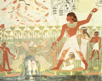 Metsästys ja kalastus, Nakhtin haudasta, Uusi kuningaskunta (seinämaalaus) tekijältä Egyptian 18th Dynasty