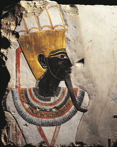 Kalkkikivilohkot, jotka on maalattu reliefeillä, jotka kuvaavat Jumala Amun-Miniä, Tuthmosis III:n temppelistä Deir el-Baharissa, Egyptissä tekijältä Egyptian 18th Dynasty