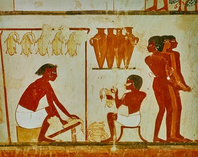 Lintujen lihankäsittely, yksityiskohta Nakhtin haudasta, n. 1390 eKr. (seinämaalaus) tekijältä Egyptian 18th Dynasty