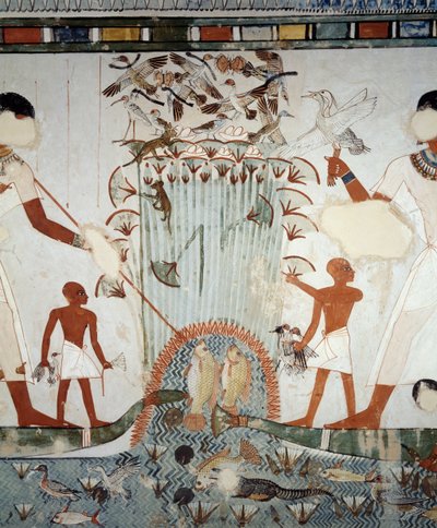 Menna ja hänen perheensä kalastusta ja lintuja Niilin soilla, yksityiskohta freskoista Mennan haudan kappelissa, Sheikh Abd el Qurnah Necropolis, Luxor, Thebes (Unescon maailmanperintöluettelo) tekijältä Egyptian 18th Dynasty