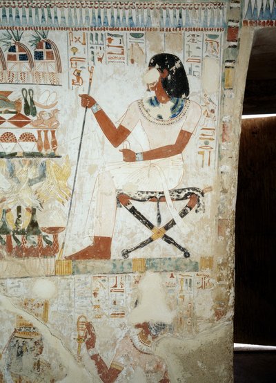 Menna valvoo työntekijöitään pelloilla, yksityiskohta Mennan haudan eteisen freskoista, Sheikh Abd el Qurnahin nekropoli, Luxor, Theeba (Unescon maailmanperintöluettelo). tekijältä Egyptian 18th Dynasty