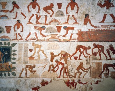 Metallin jalostus ja savitiilien valmistus, fresko, kappeli, Rekhmiren hauta (TT100), Sheikh Abd el-Qurna, Thebes (Unescon maailmanperintöluettelo) tekijältä Egyptian 18th Dynasty