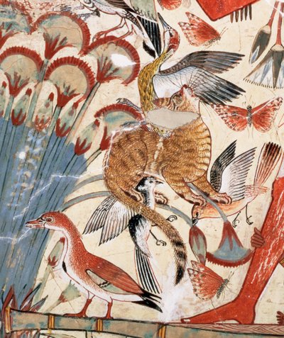 Nebamun metsästämässä soilla vaimonsa ja tyttärensä kanssa, osa seinämaalausta Nebamunin hautakappelista, Thebes, Uusi kuningaskunta, noin 1350 eKr. (maalattu kipsi) (yksityiskohta 3748) tekijältä Egyptian 18th Dynasty