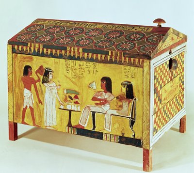 Maalattu arkku, jossa on juhlakohtaus Khan (d.c.1390-52 eKr.) haudasta, joka löydettiin Deir el-Medinasta, Uudesta kuningaskunnasta (puu) tekijältä Egyptian 18th Dynasty