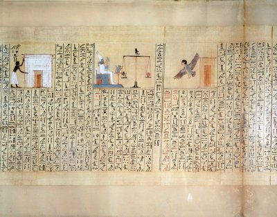 Sydämen punnitsemista kuvaava papyrus Maiherperin kuolleiden kirjasta. tekijältä Egyptian 18th Dynasty