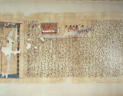 Papyrus, joka kuvaa sarkofagin kuljettamista härän vetämillä vaunuilla, Maiherperin kuolleiden kirjasta. tekijältä Egyptian 18th Dynasty